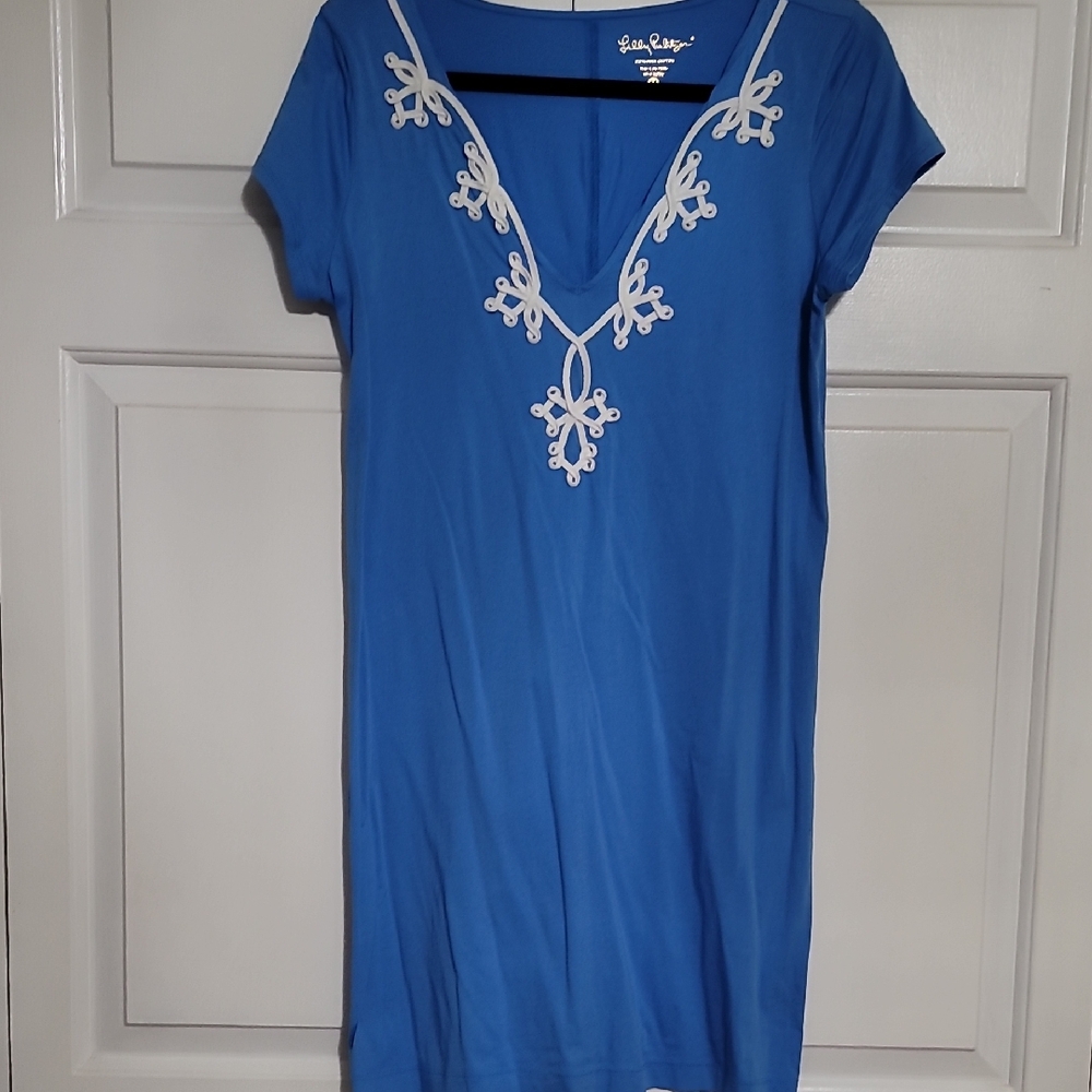 Lily Pulitzer Blue Tee Shirt Dress with White Embroidery